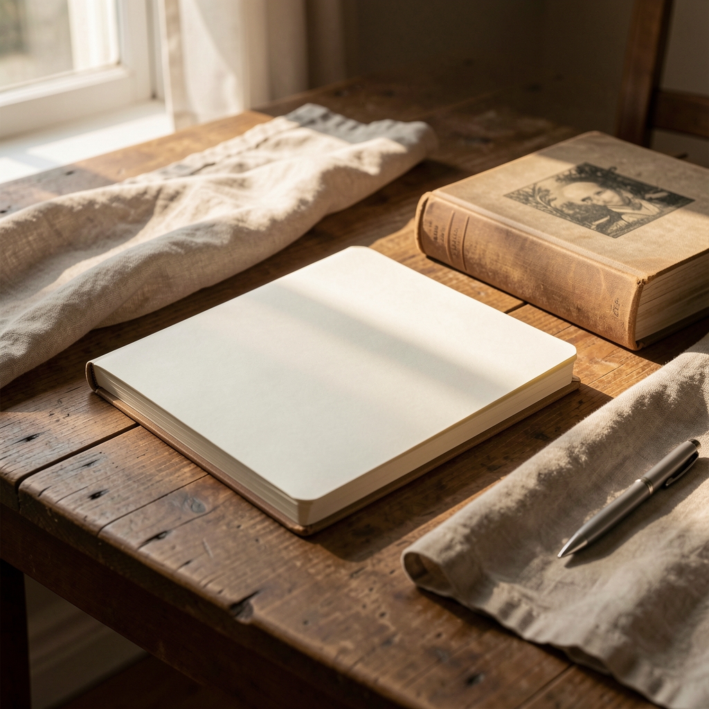 Editorial desk with notebook, movement book, linen cloth, and sunlight across a wooden table