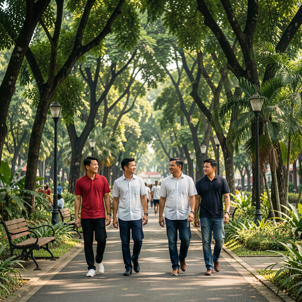 Small group of adult men walking together in a shaded Jakarta park
