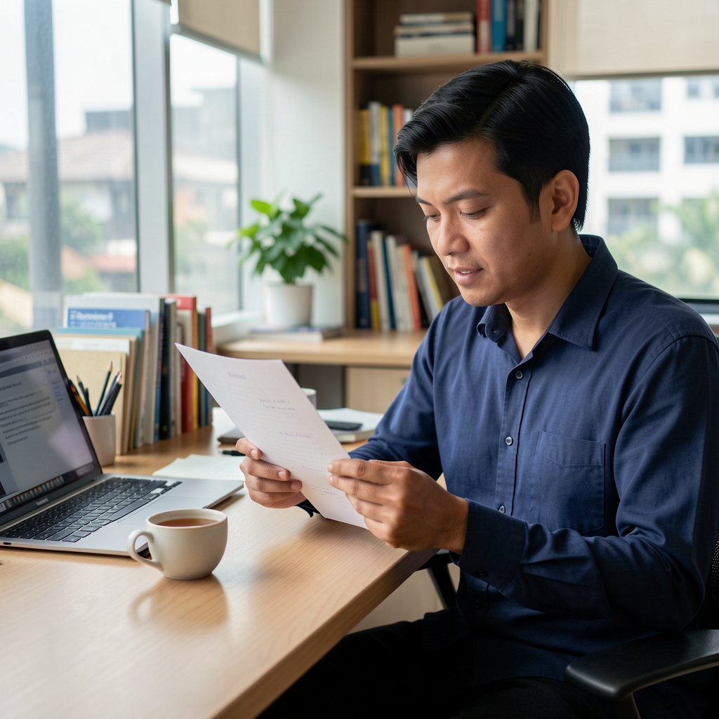 Writer reviewing printed wellbeing notes beside a cup of tea in a quiet Jakarta workspace