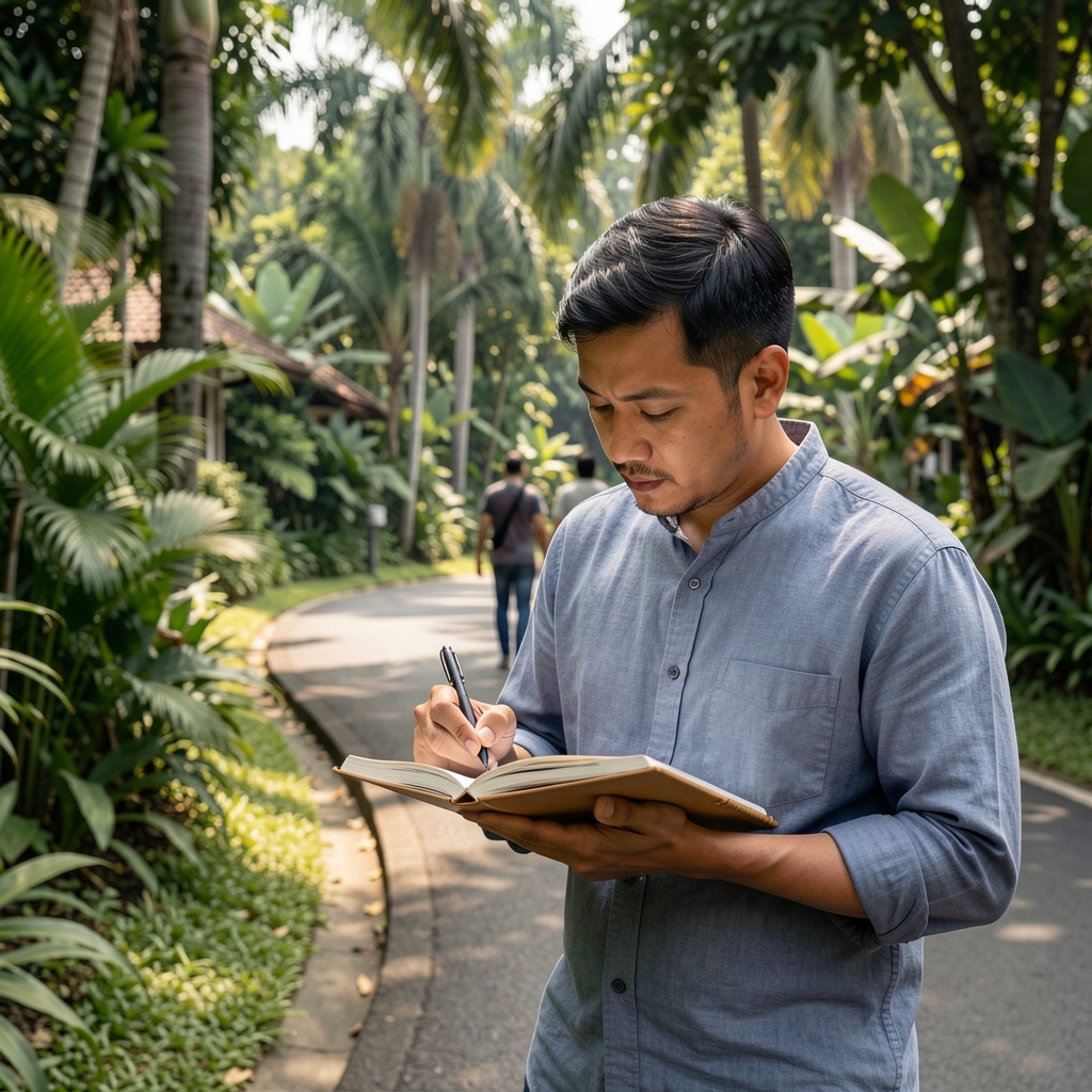 Adult man writing observations in a notebook after a quiet outdoor walking session near Jakarta greenery