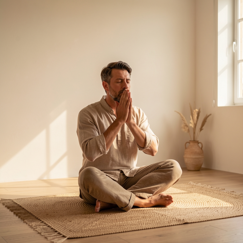 Adult man seated on a woven mat practicing calm breathing in a warm minimalist room