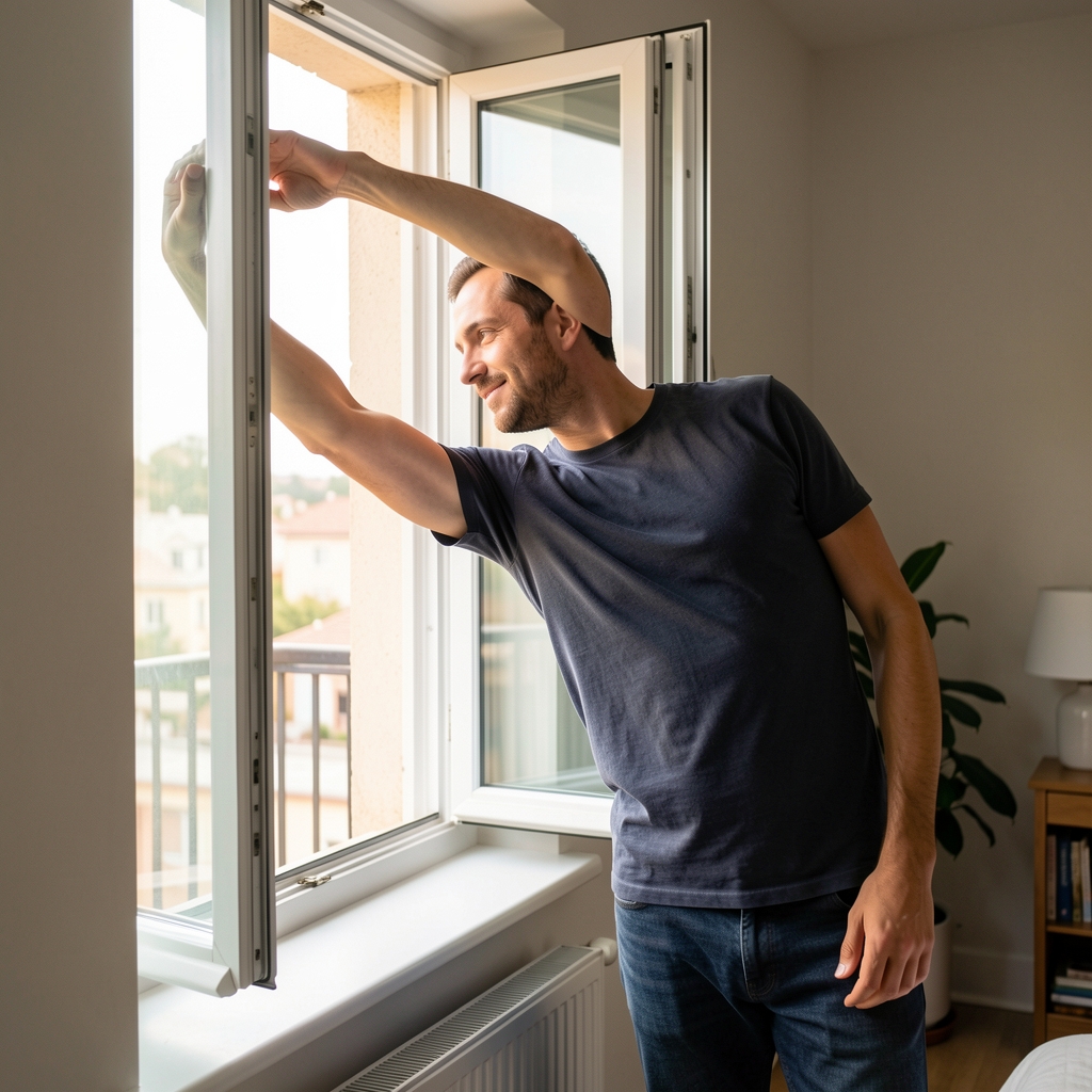 Man completing a gentle side stretch beside an open window in a naturally lit apartment