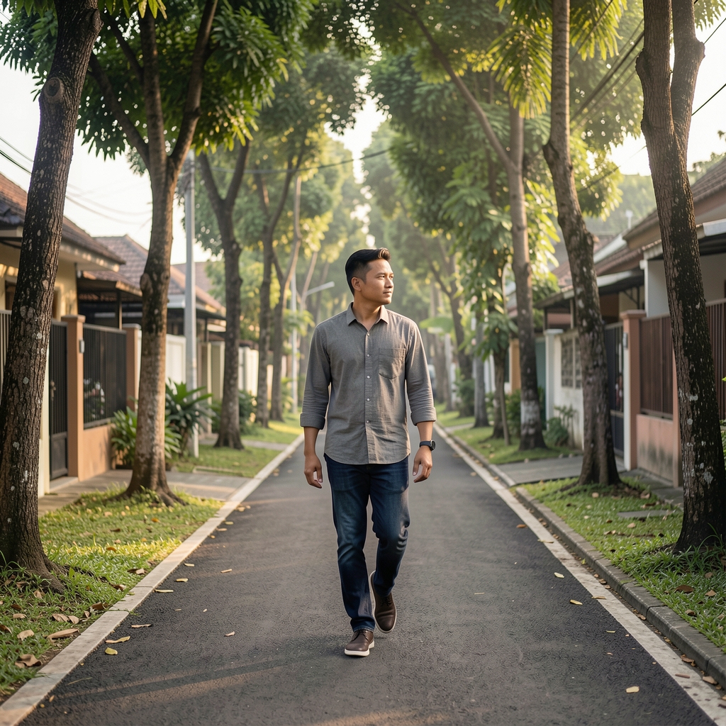 Adult man walking slowly along a tree-lined Jakarta neighborhood path in soft morning light