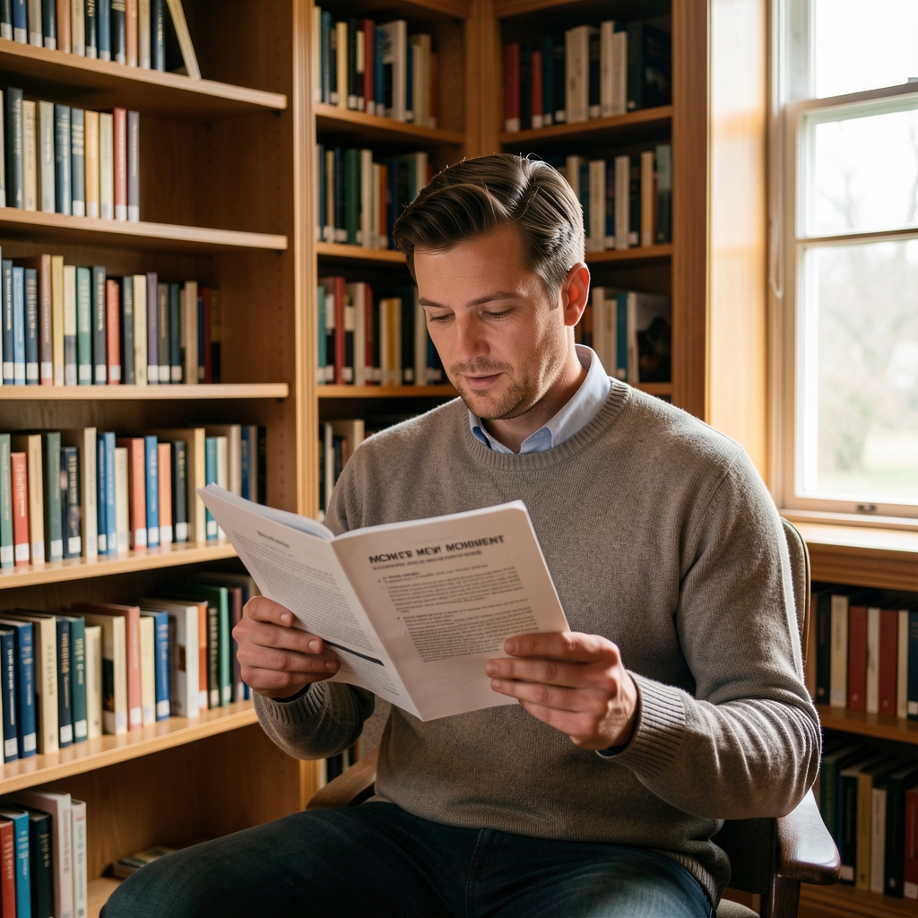 Man reading a printed movement guide in a quiet library corner with natural light