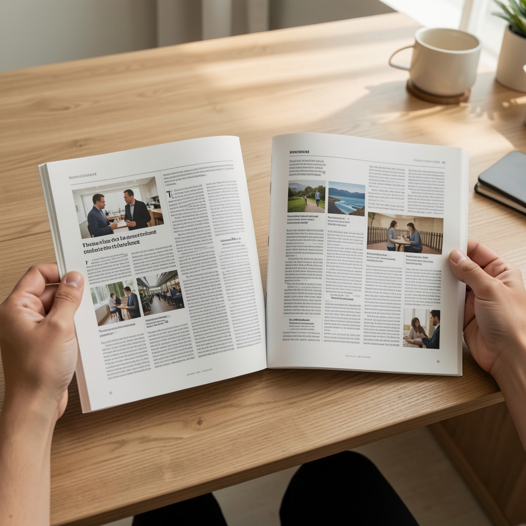 Two printed editorial pages being compared during a careful content review