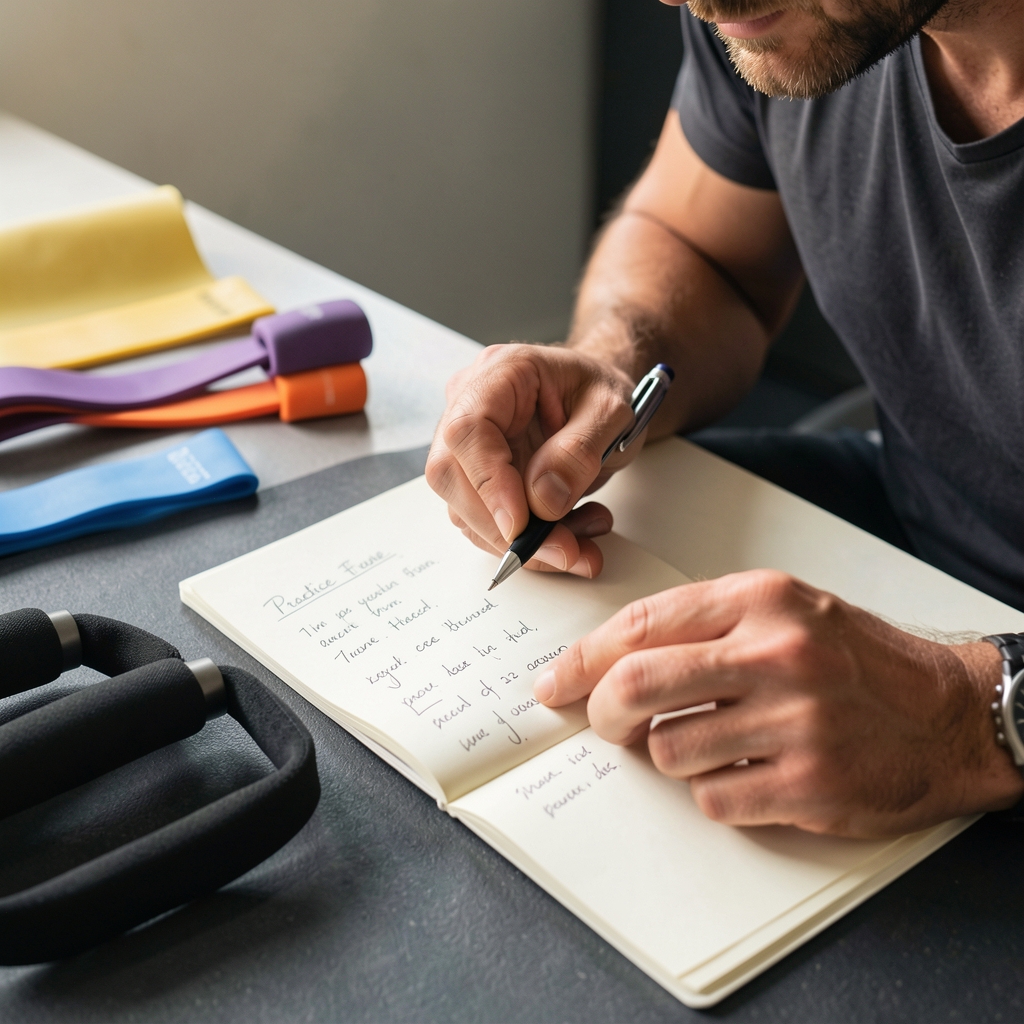 Close view of a man checking handwritten practice notes beside resistance bands