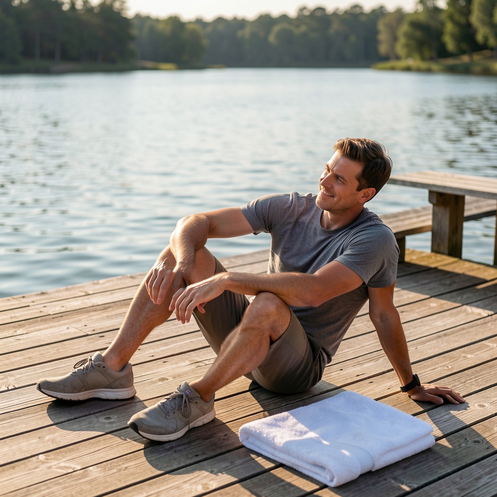 Man resting after a morning walk on a wooden terrace with water and a folded towel nearby