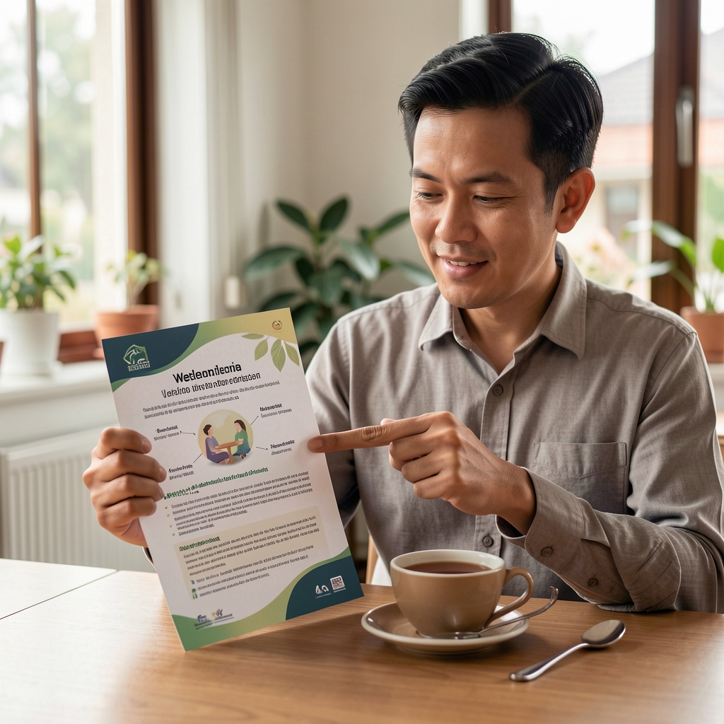 Man highlighting a printed wellbeing resource beside a cup of Indonesian tea