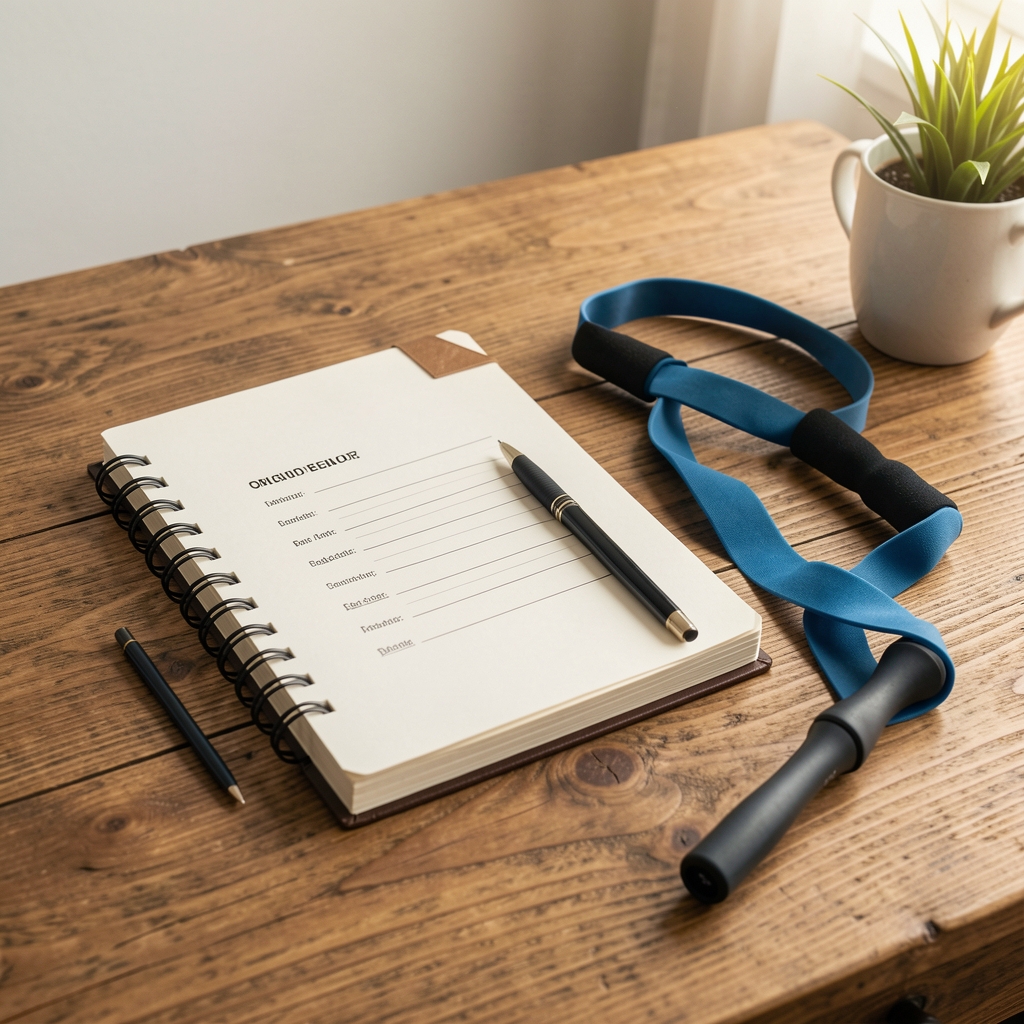 Organized wellbeing resources on a wooden desk with notebook, pen, and resistance band