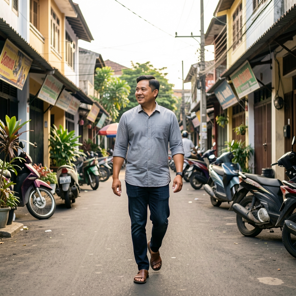 Adult man walking through a Jakarta neighborhood at a comfortable conversational pace