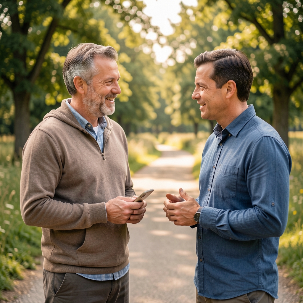 Adult man sharing a personal walking story during a relaxed outdoor conversation