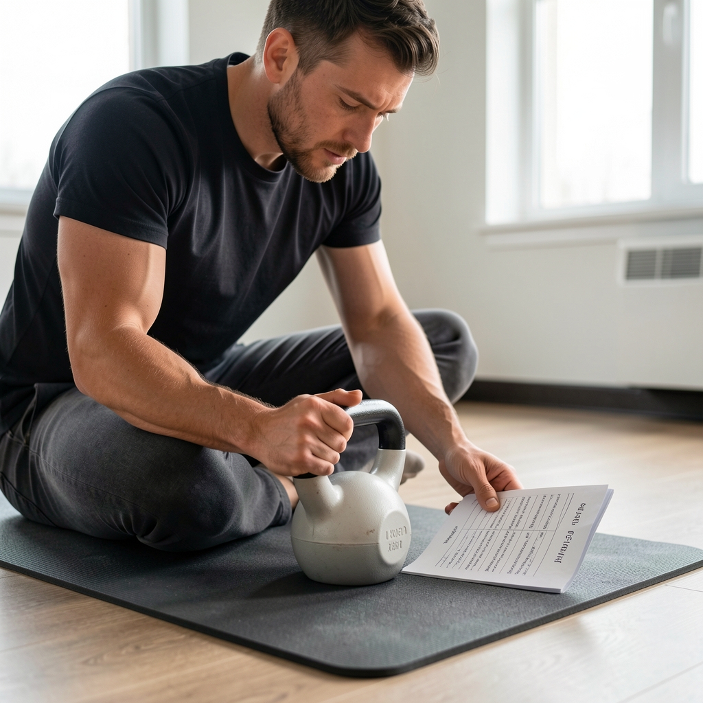 Man placing a light kettlebell on a mat while reviewing a simple written workout plan