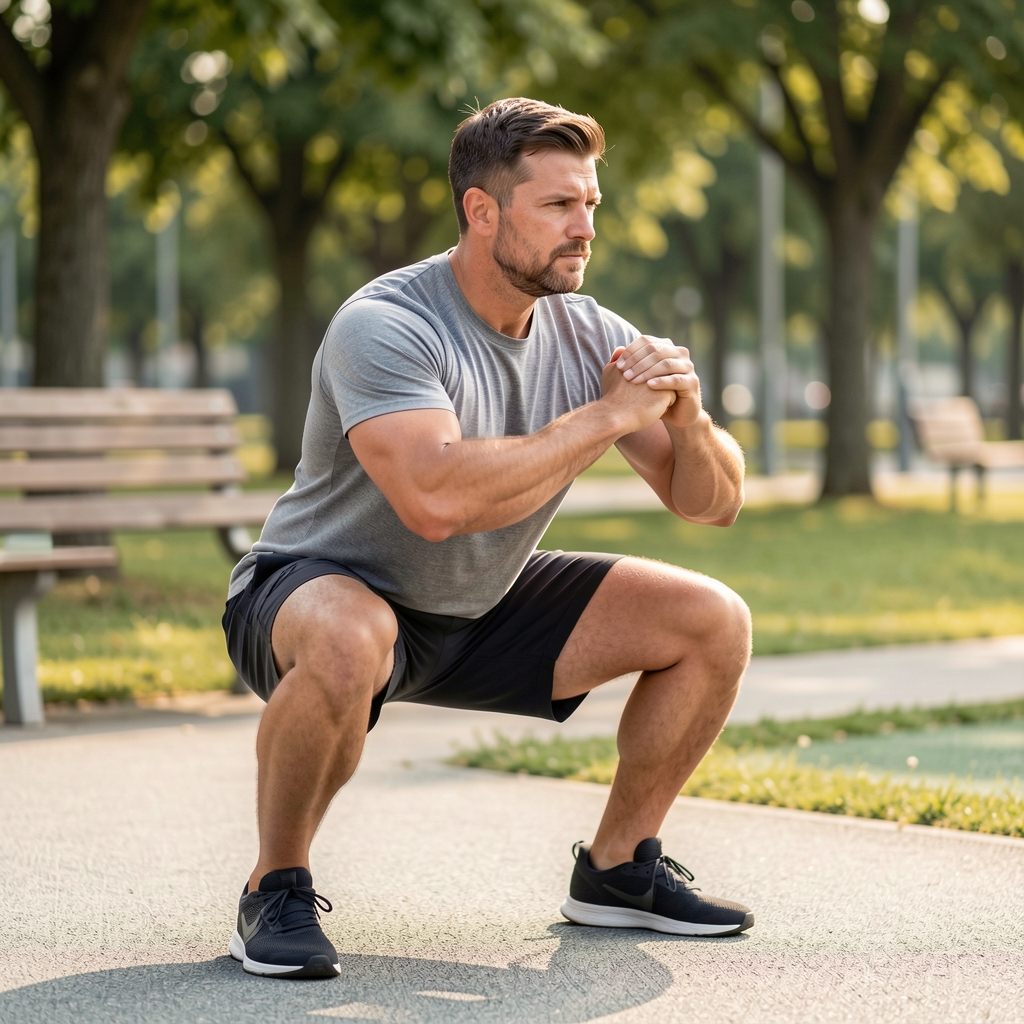 Adult man performing a controlled bodyweight squat in a quiet outdoor exercise area