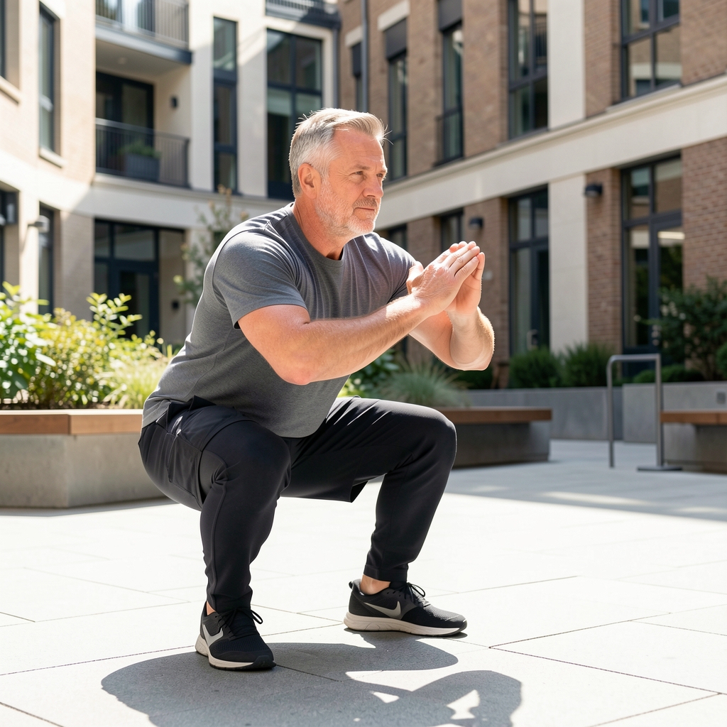 Middle-aged man completing a calm bodyweight squat beside a bright urban courtyard